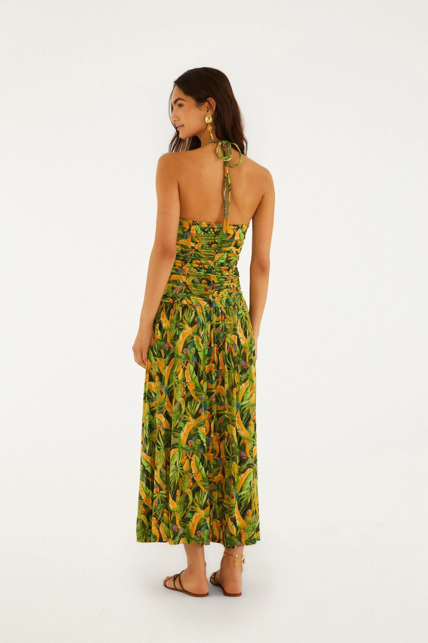 Green Forest Parrots Ruched Bodice Maxi Dress - Image 3