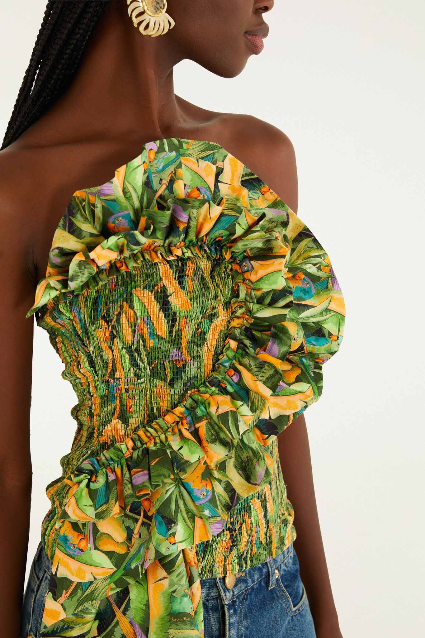 Green Forest Parrots Smocked Ruffled Strapless Top - Image 2