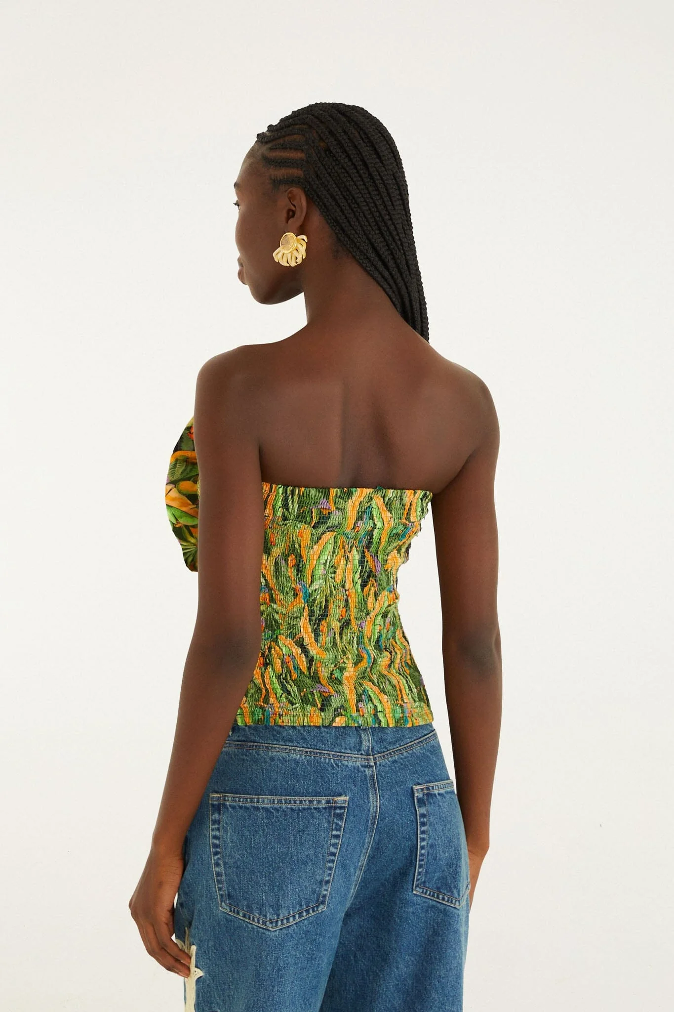 Green Forest Parrots Smocked Ruffled Strapless Top - Image 3