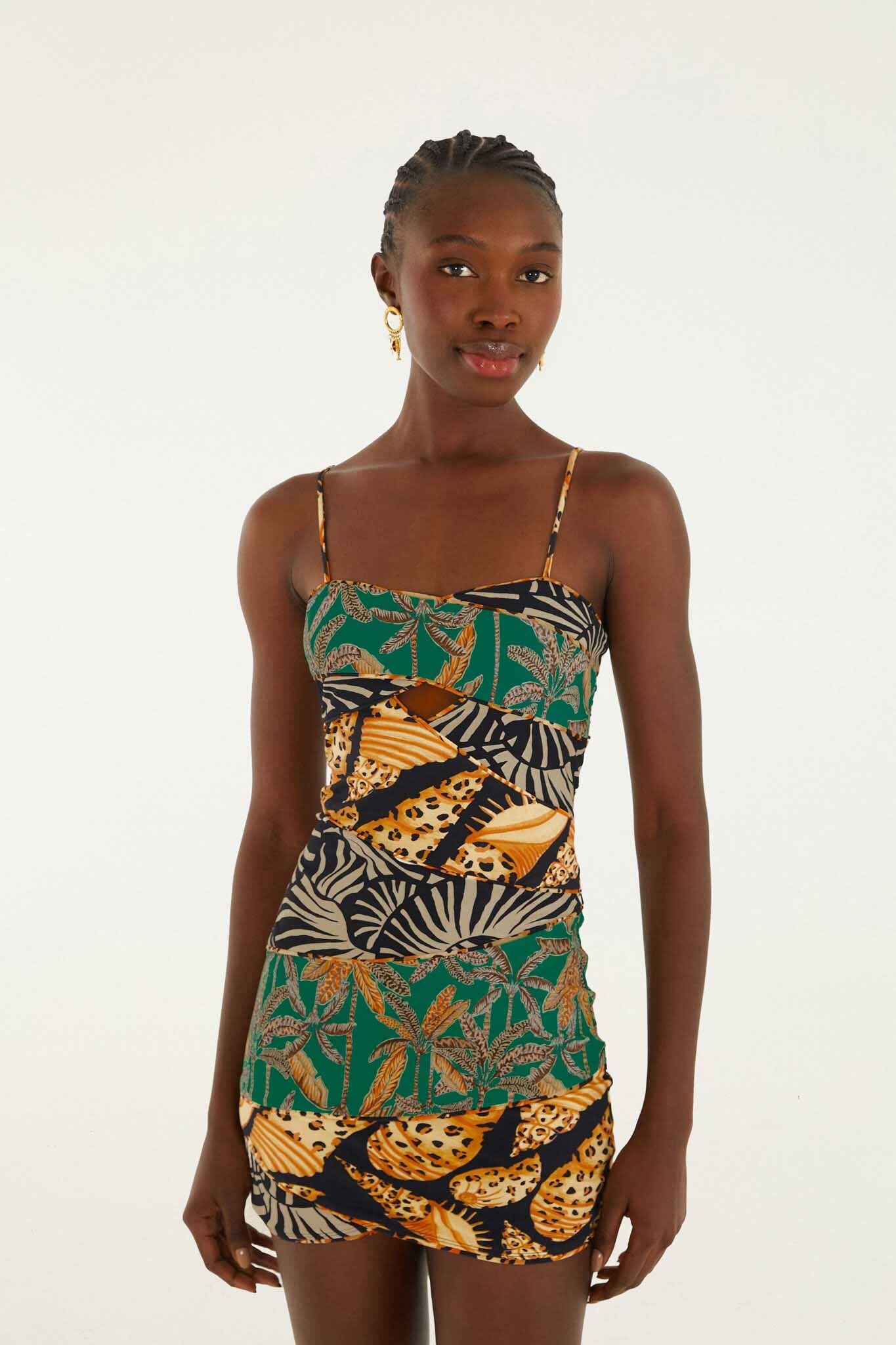 Mixed Patchwork Cut-Out Slim Mini Dress - Image 2