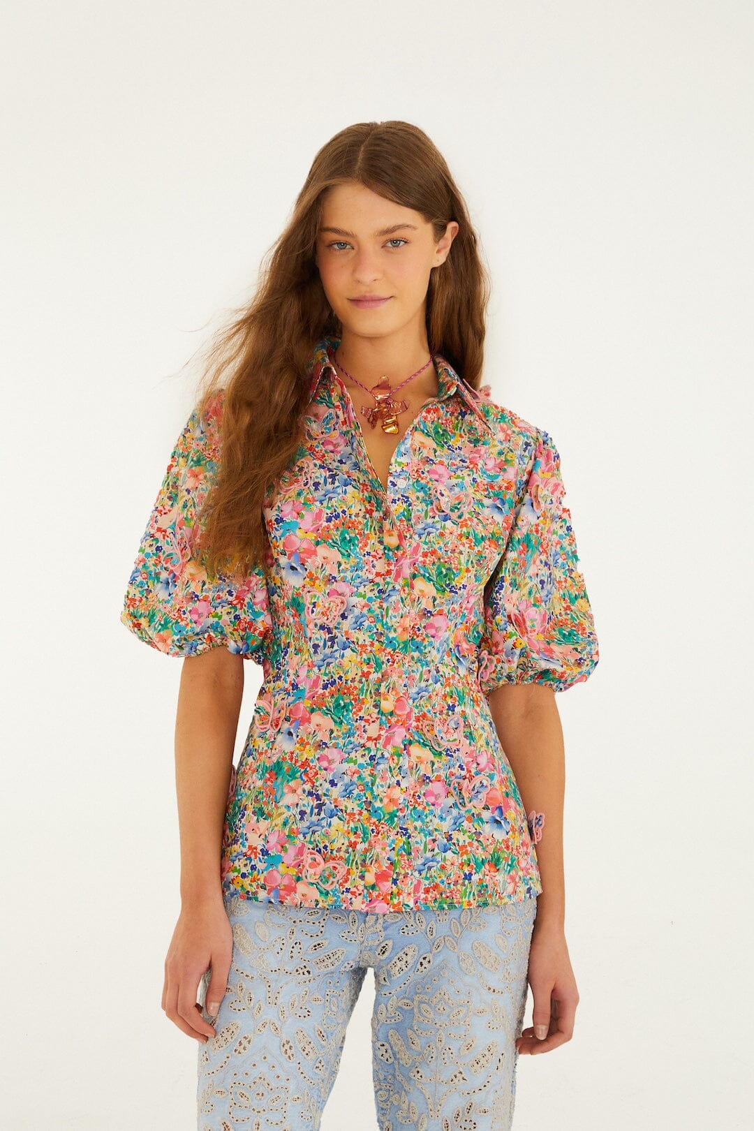 Off-White Peasant Floral Butterflies Blouse
