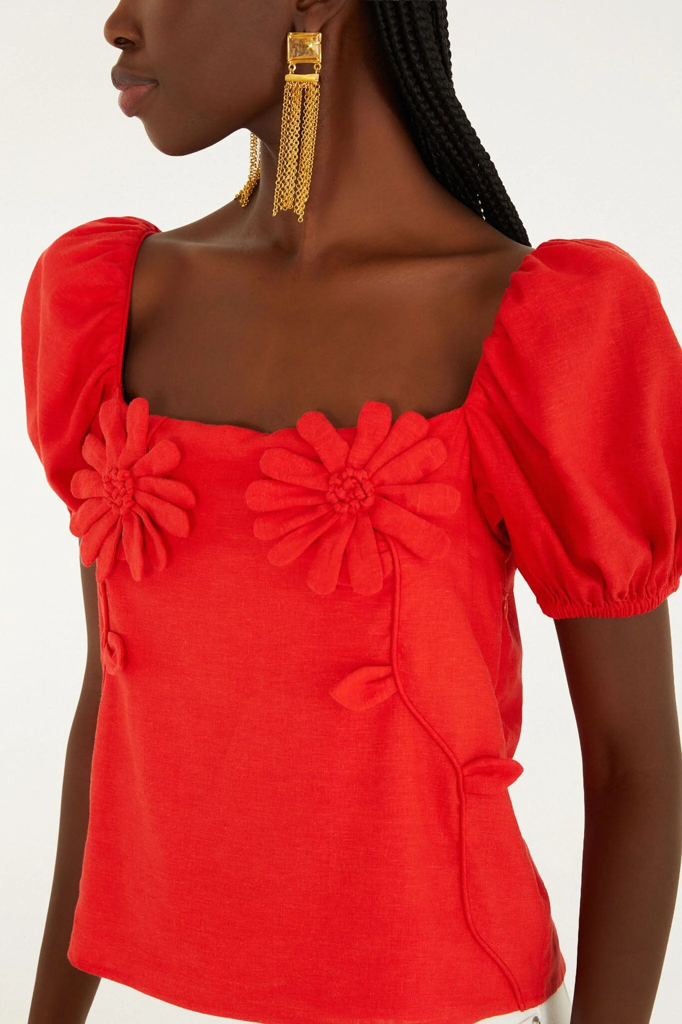 Red 3D Flowers Puff Sleeve Blouse - Image 2