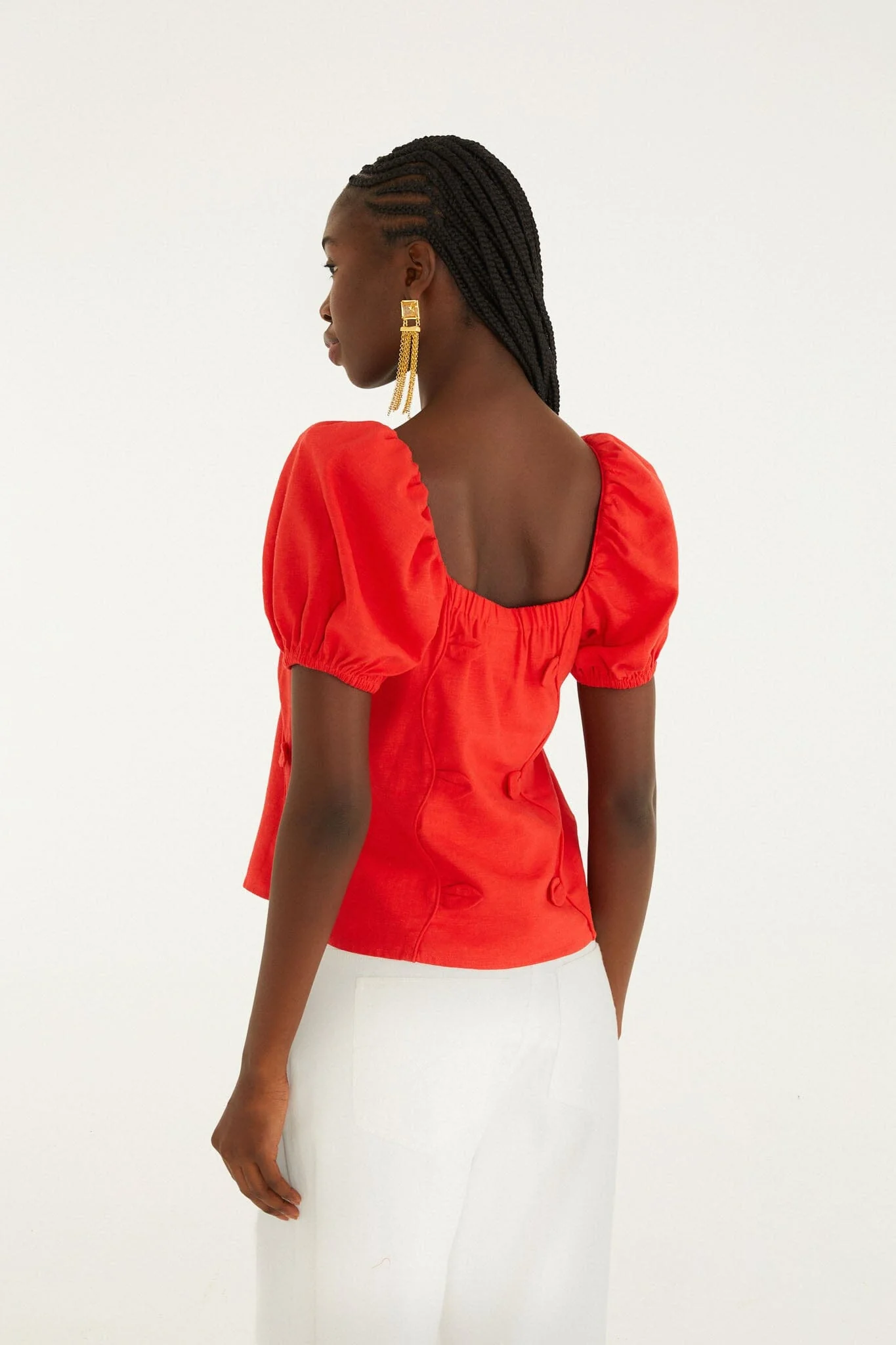 Red 3D Flowers Puff Sleeve Blouse - Image 3