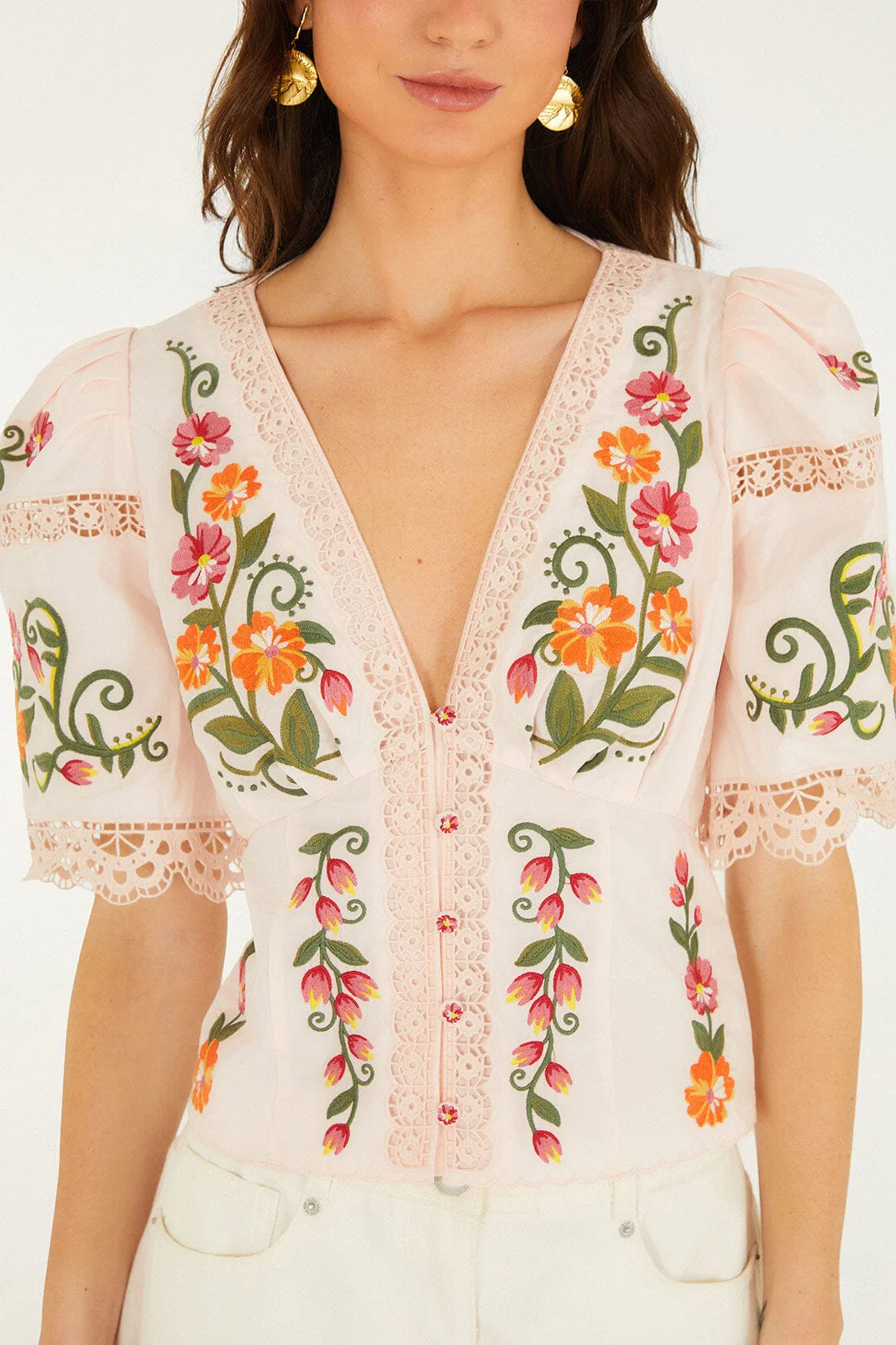Off-White Flower Embroidery Puff Sleeve Blouse - Image 2