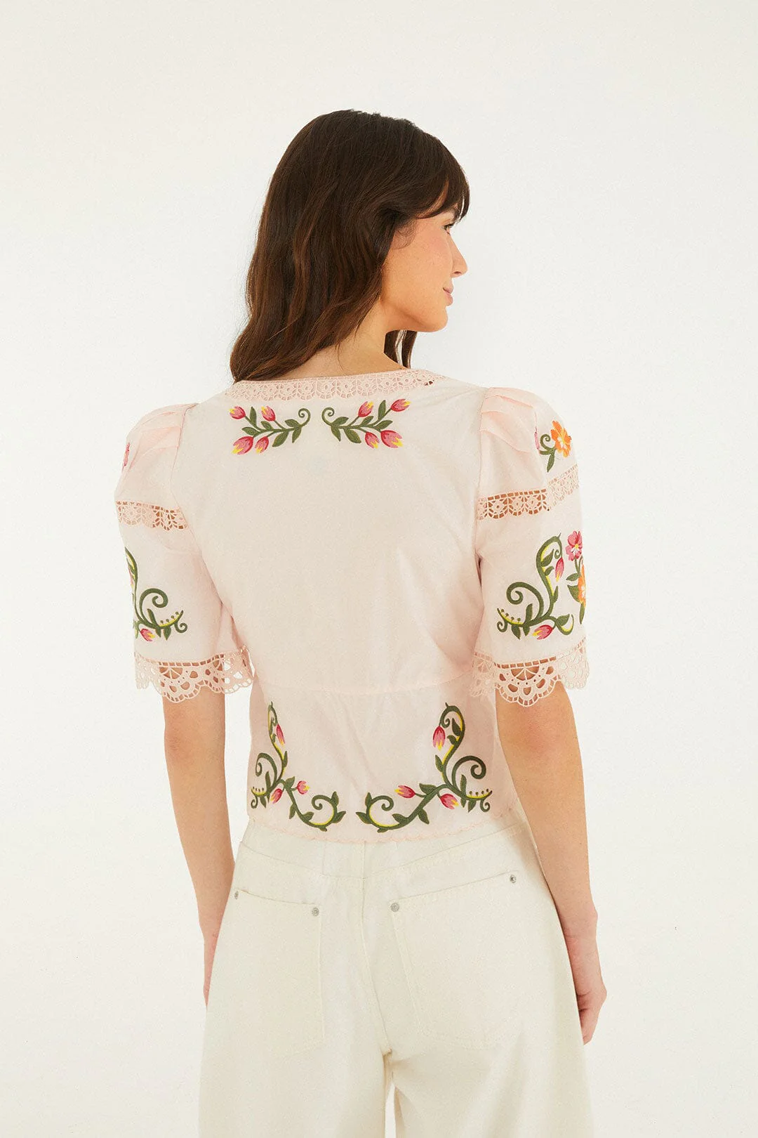 Off-White Flower Embroidery Puff Sleeve Blouse - Image 3