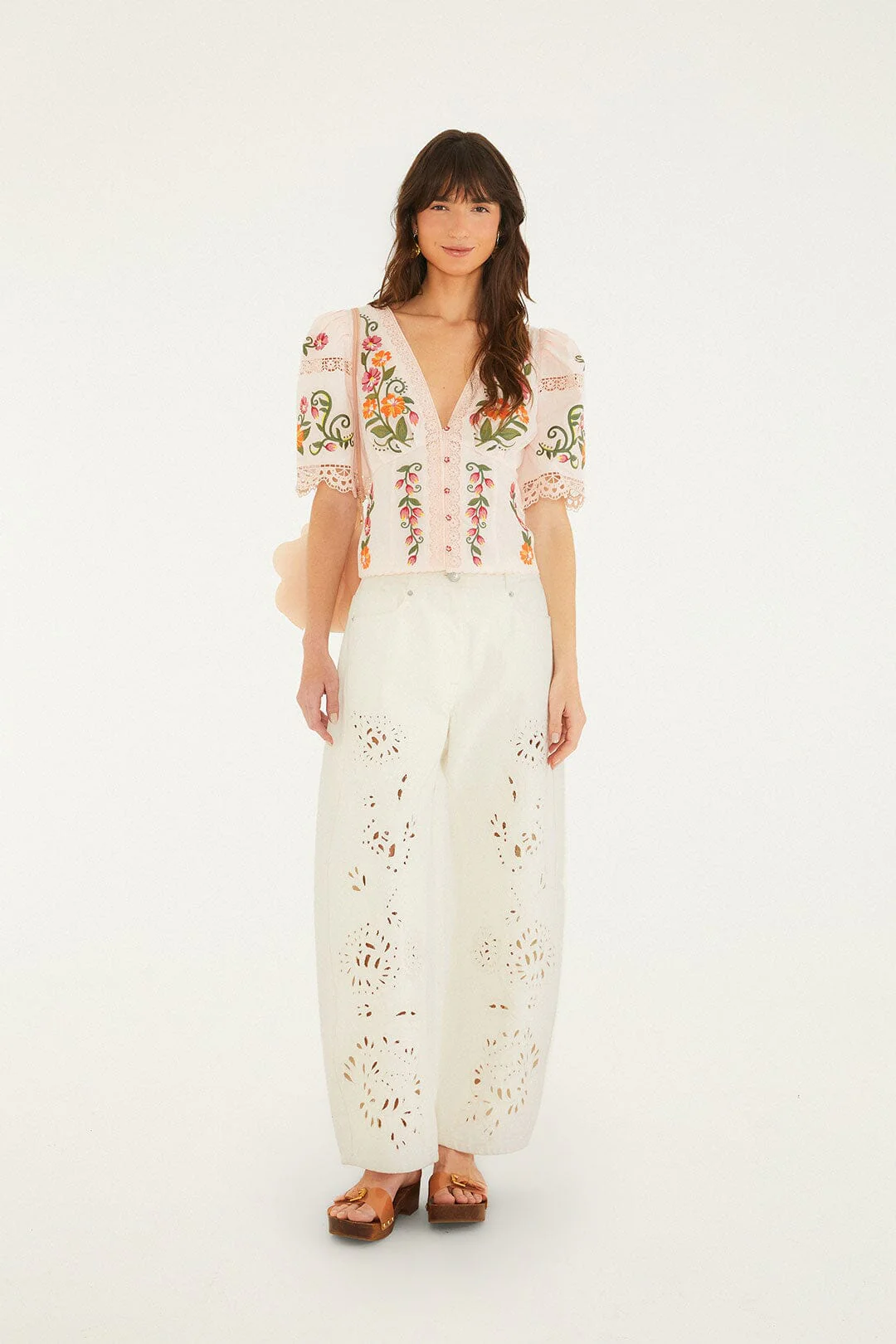 Off-White Flower Embroidery Puff Sleeve Blouse - Image 5