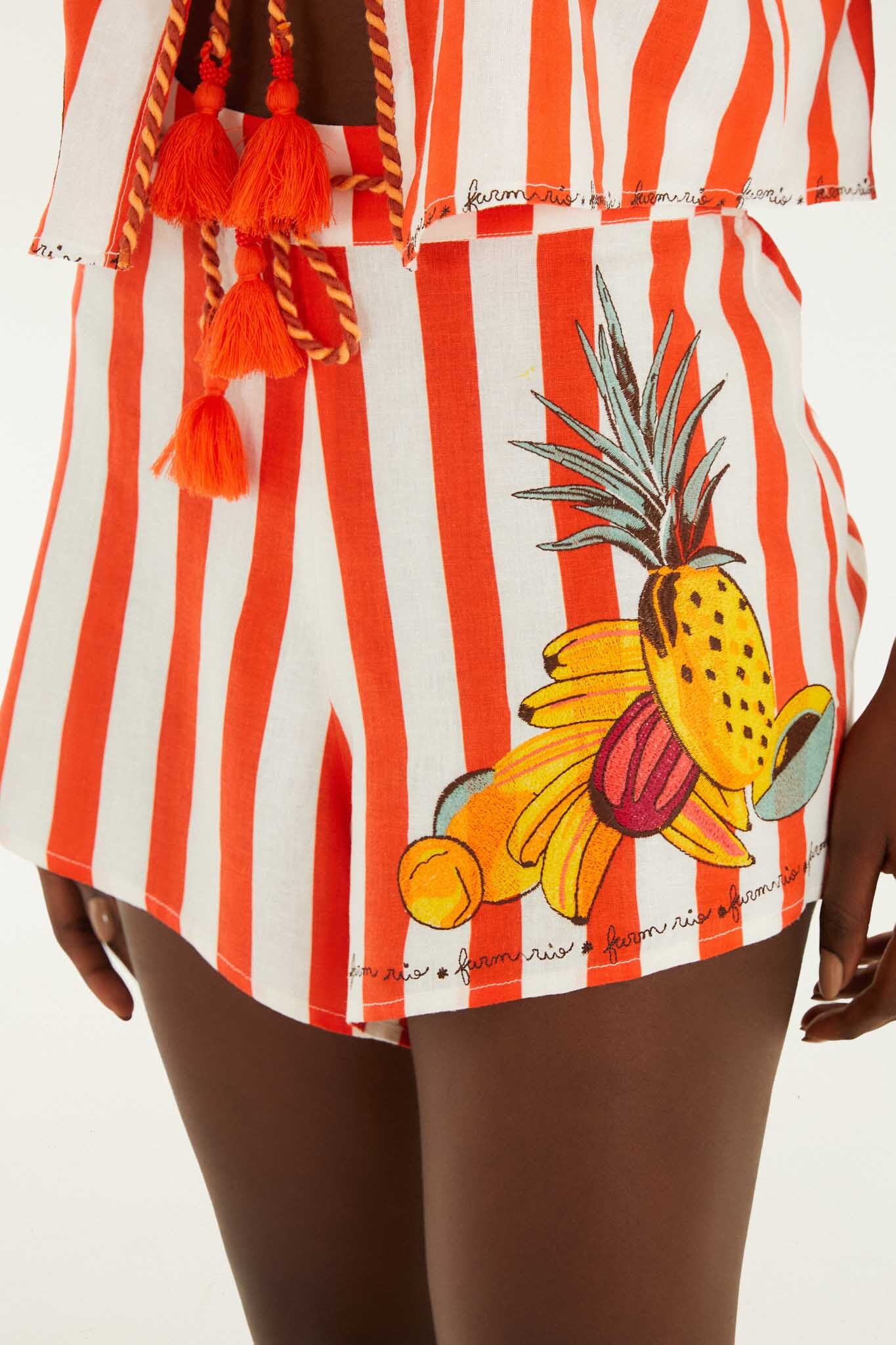 Red Fruit Stripes Embroidered Rope Ties Shorts - Image 2