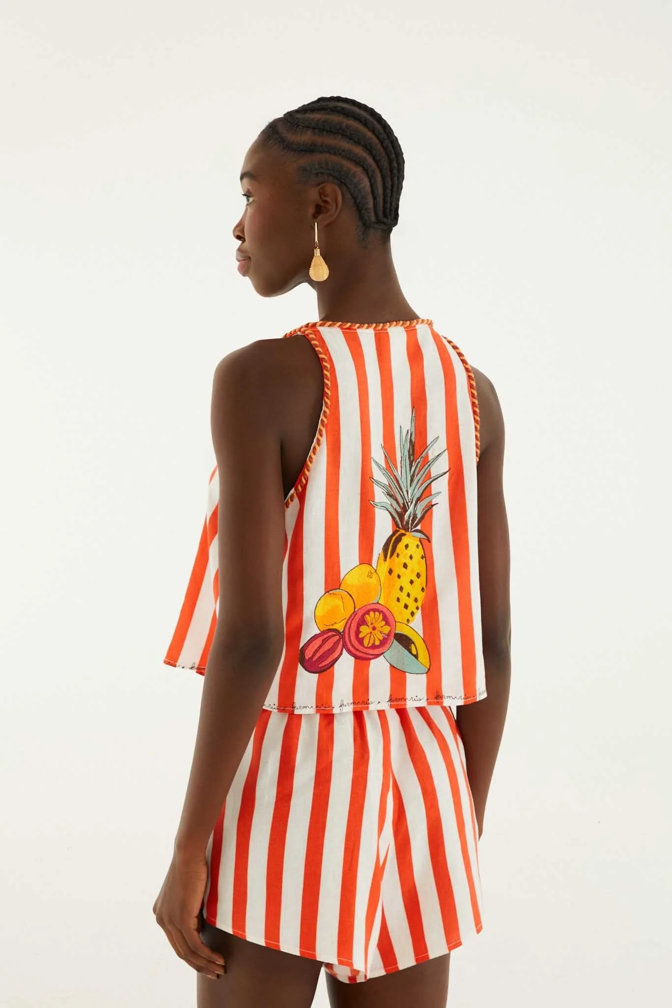 Red Fruit Stripes Embroidered Rope Ties Shorts - Image 3