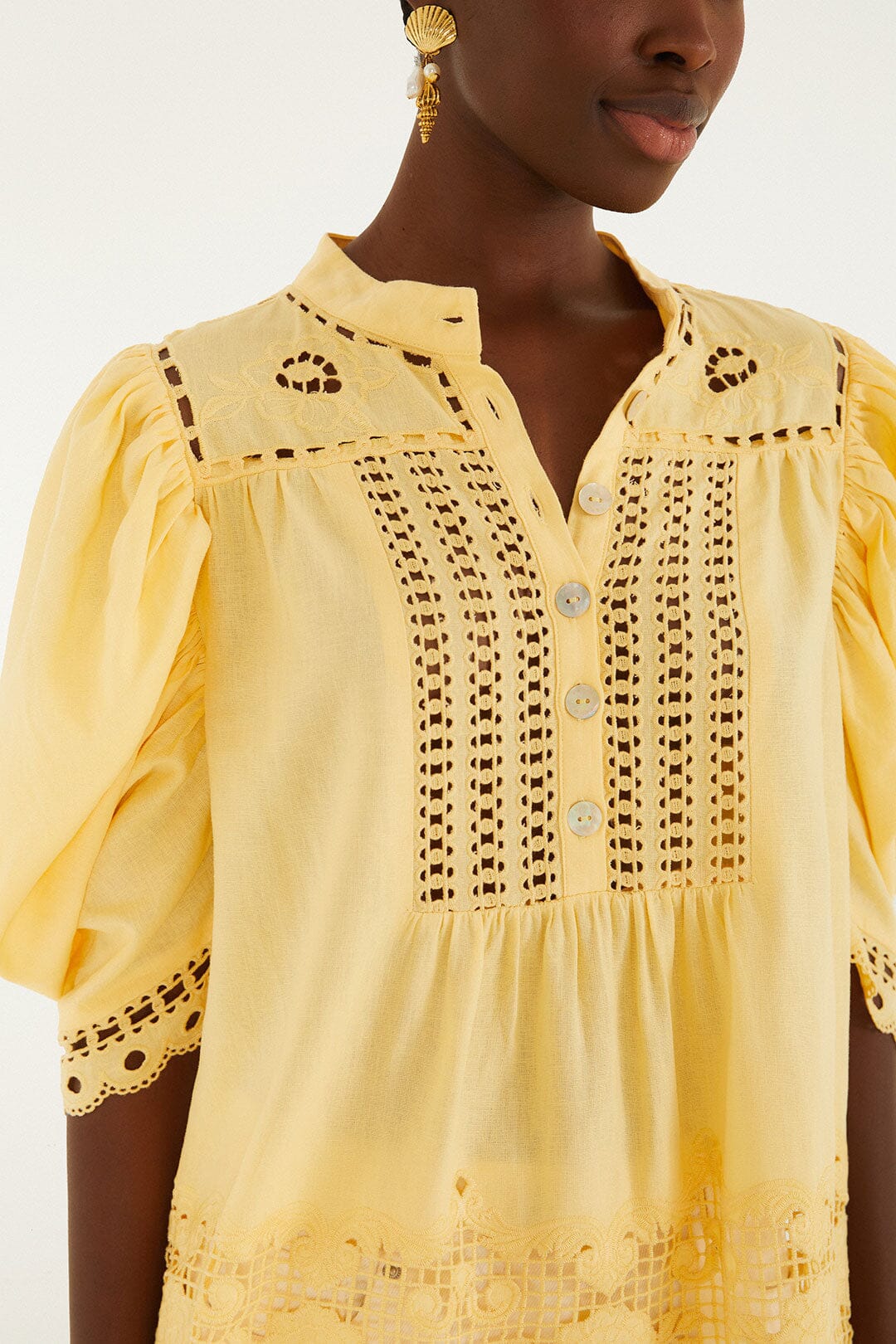 Yellow Romantic Richelieu Short Sleeve Blouse - Image 2